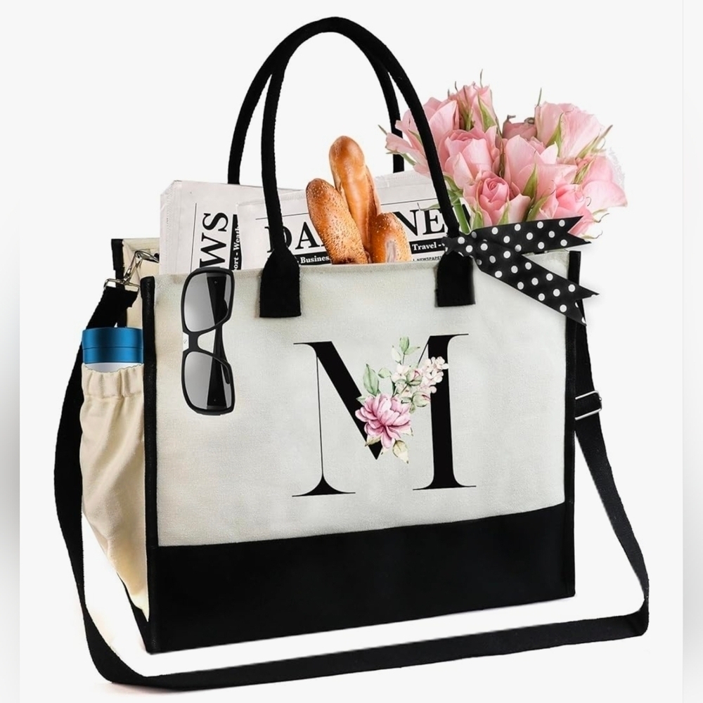 Monogrammed Floral Letter -M- Canvas Tote Bag Zipper Pocket Side Pouch Gift NWT